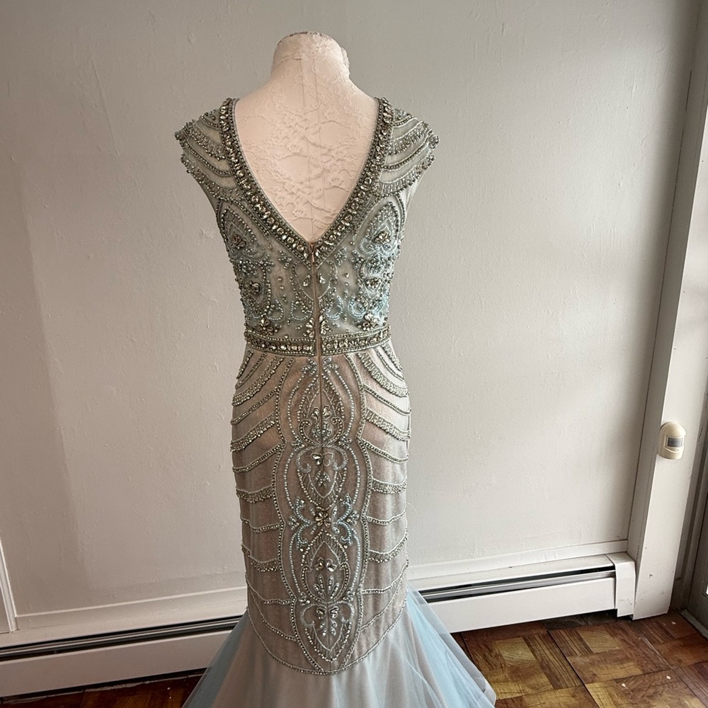 Terani Couture Beaded Illusion Bodice Mermaid Gown - Light Blue and Champagne - Picture 4 of 5